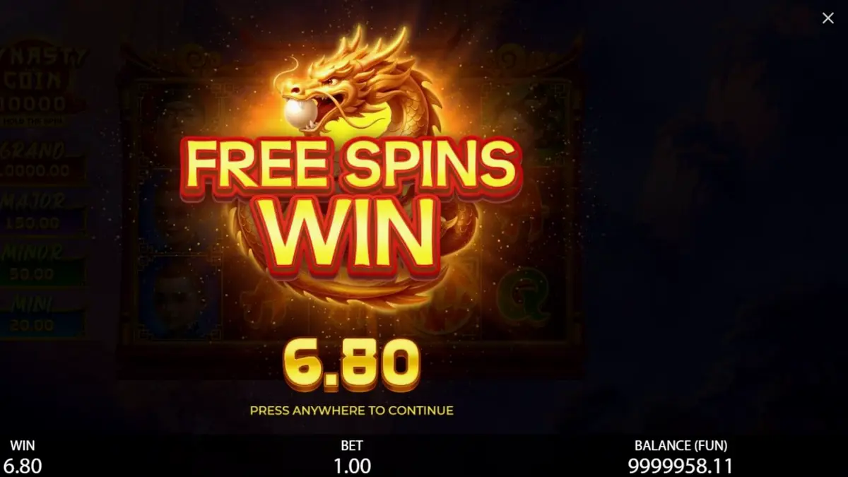 Interface do jogo Dynasty Coin 10,000 com tema oriental e moedas brilhantes