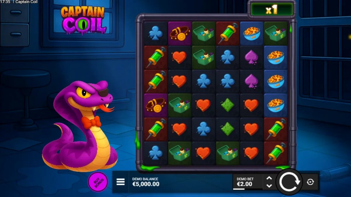 Interface do slot Captain Coil com o cientista serpente e o grid 6x6