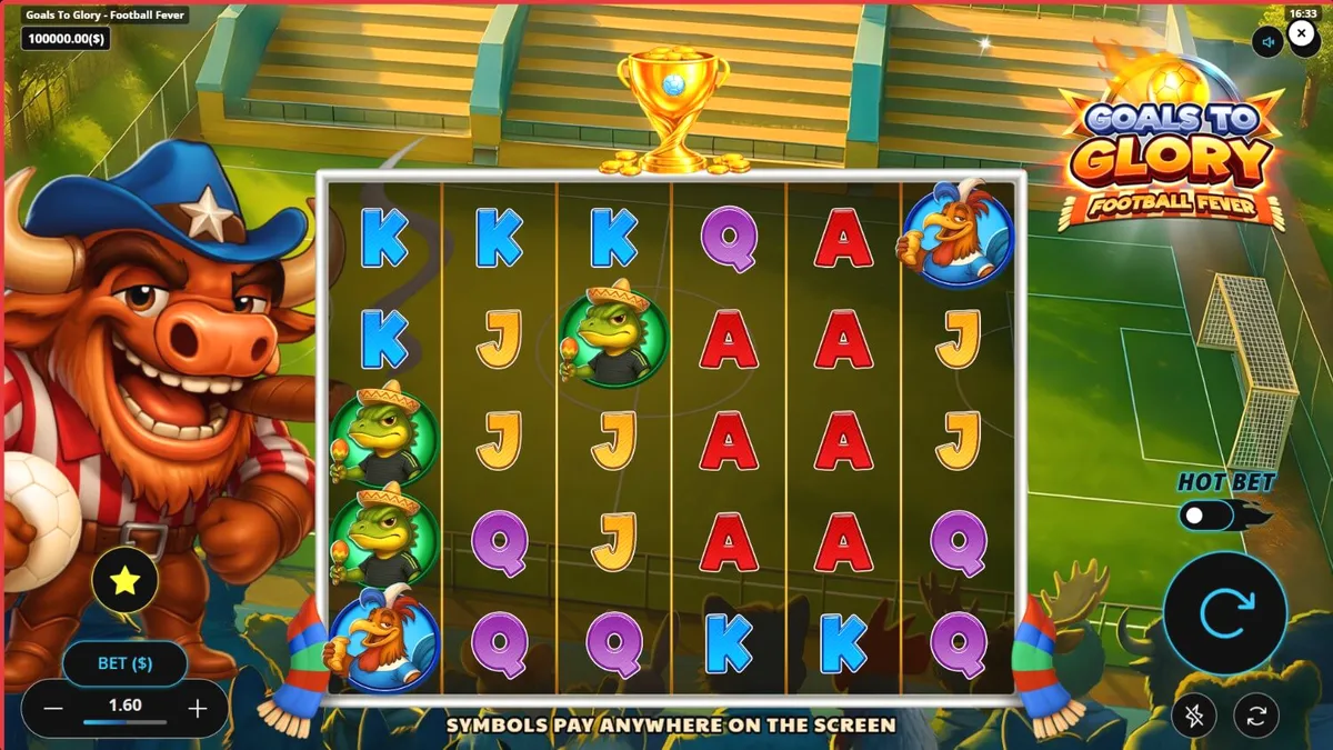 Personagens animais jogando futebol em um estádio vibrante no slot Goals to Glory Football Fever
